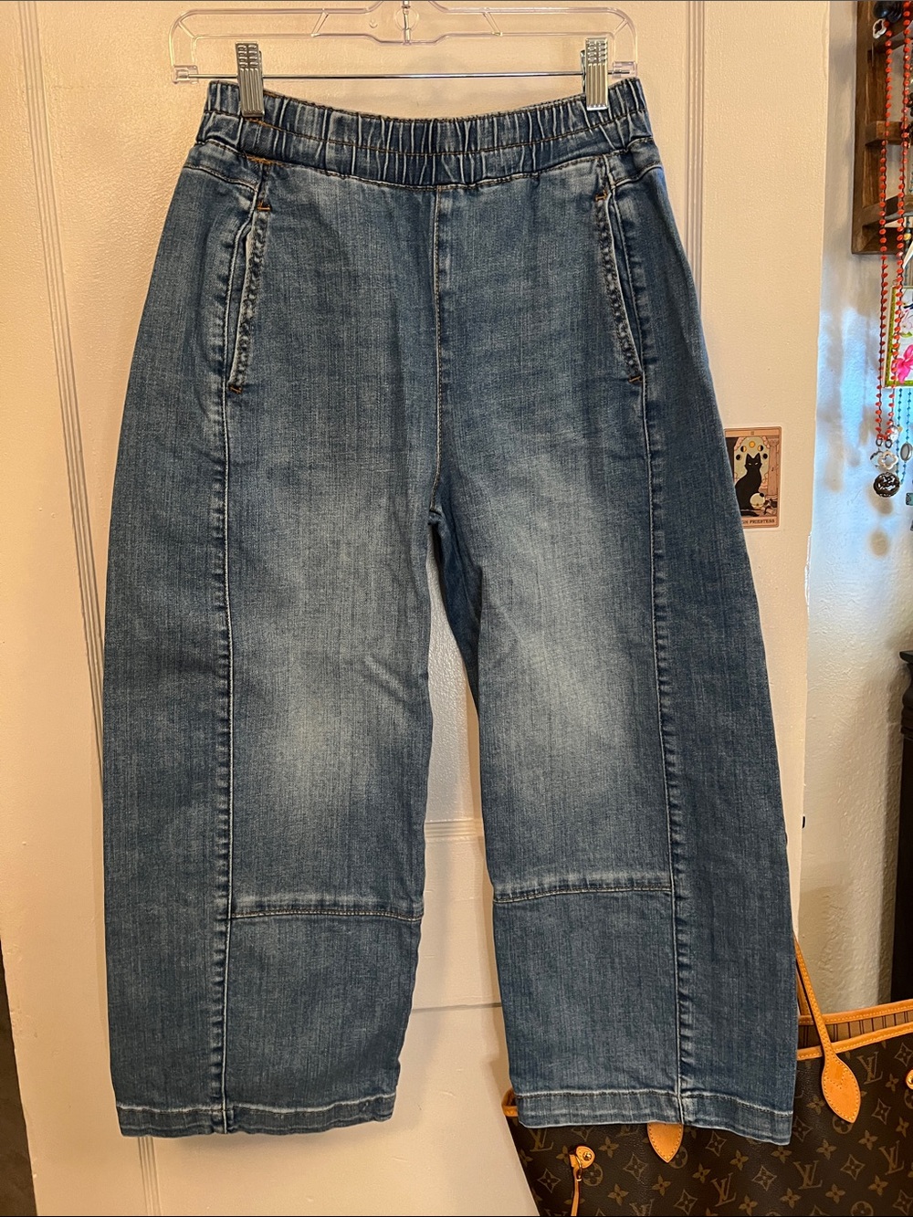 Pilcro Relaxed Barrel Leg Blue Denim Jeans with Elastic Waist